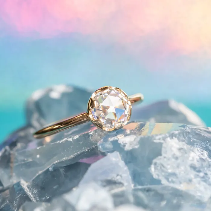 Anueva Jewelry Rings Antique style 65mm Round Rosecut Moissanite 6Prong Low Profile Ring With Plain Rounded Band in 14K Yellow Gold