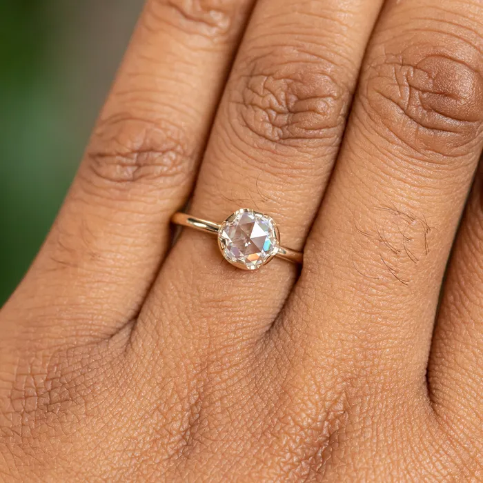 Anueva Jewelry Rings Antique style 65mm Round Rosecut Moissanite 6Prong Low Profile Ring With Plain Rounded Band in 14K Yellow Gold