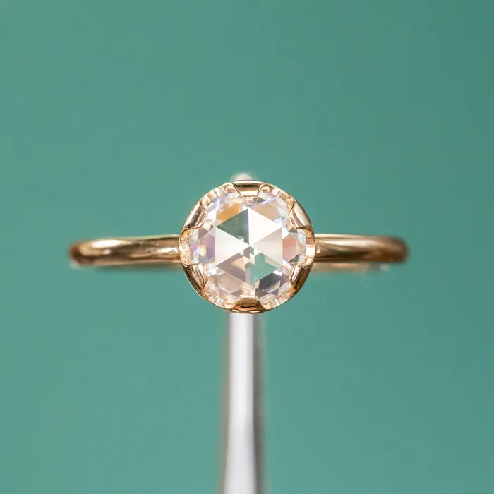 Anueva Jewelry Rings Antique style 65mm Round Rosecut Moissanite 6Prong Low Profile Ring With Plain Rounded Band in 14K Yellow Gold