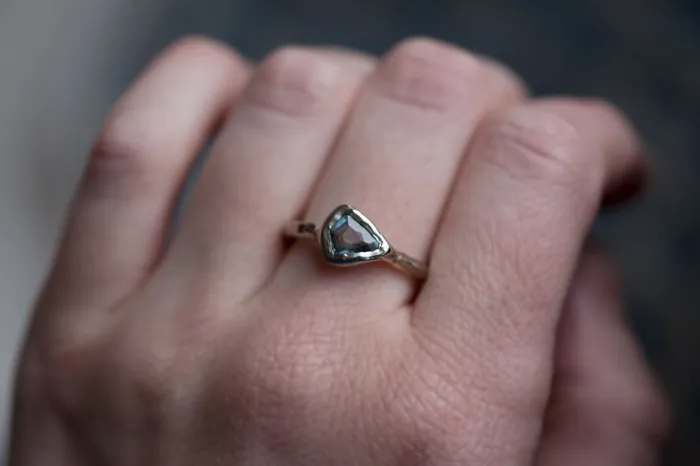 Anueva Jewelry Rings Tanzanite Arrowhead Ring December Birthstone Shield Blue Tanzanite Ring in a Reclaimed White Gold setting rustic ring by Anueva Jewelry