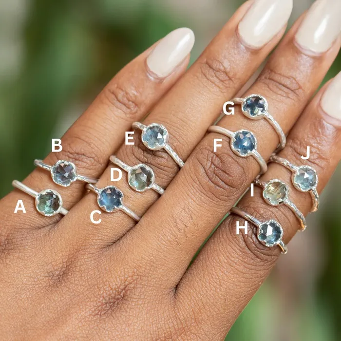 CALEB QUASHEN Rosecut Round Montana Sapphire Low Profile Six Prong Solitaire Rings in Sterling Silver Rings CALEB QUASHEN Rosecut Round Montana Sapphire Low Profile Six Prong Solitaire Rings in Sterling Silver Rings