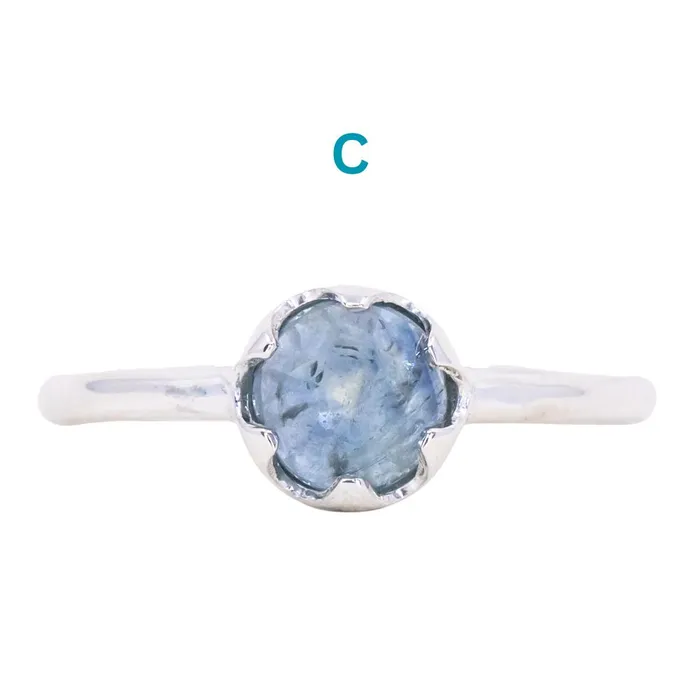 CALEB QUASHEN Rosecut Round Montana Sapphire Low Profile Six Prong Solitaire Rings in Sterling Silver Rings