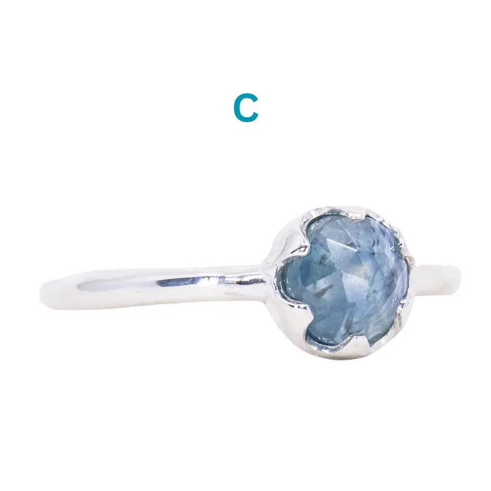CALEB QUASHEN Rosecut Round Montana Sapphire Low Profile Six Prong Solitaire Rings in Sterling Silver Rings