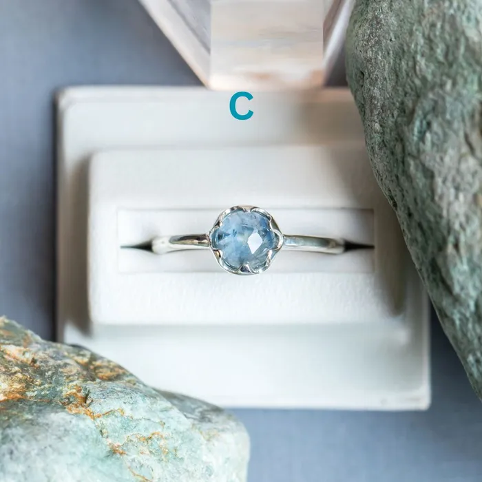 CALEB QUASHEN Rosecut Round Montana Sapphire Low Profile Six Prong Solitaire Rings in Sterling Silver Rings