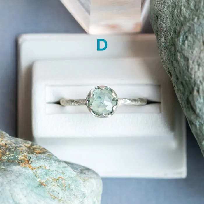 CALEB QUASHEN Rosecut Round Montana Sapphire Low Profile Six Prong Solitaire Rings in Sterling Silver Rings