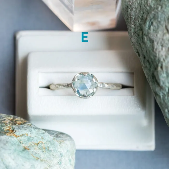 CALEB QUASHEN Rosecut Round Montana Sapphire Low Profile Six Prong Solitaire Rings in Sterling Silver Rings