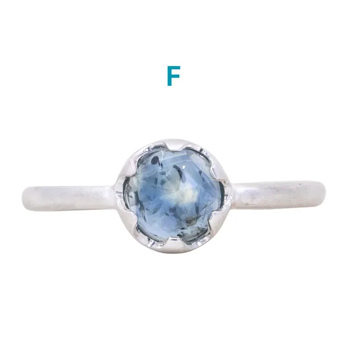CALEB QUASHEN Rosecut Round Montana Sapphire Low Profile Six Prong Solitaire Rings in Sterling Silver Rings