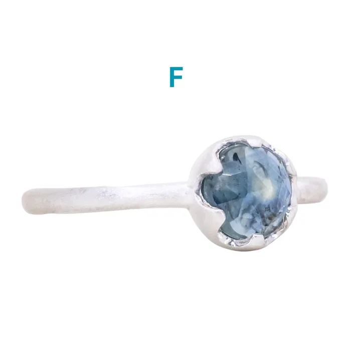 CALEB QUASHEN Rosecut Round Montana Sapphire Low Profile Six Prong Solitaire Rings in Sterling Silver Rings