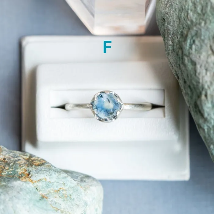 CALEB QUASHEN Rosecut Round Montana Sapphire Low Profile Six Prong Solitaire Rings in Sterling Silver Rings