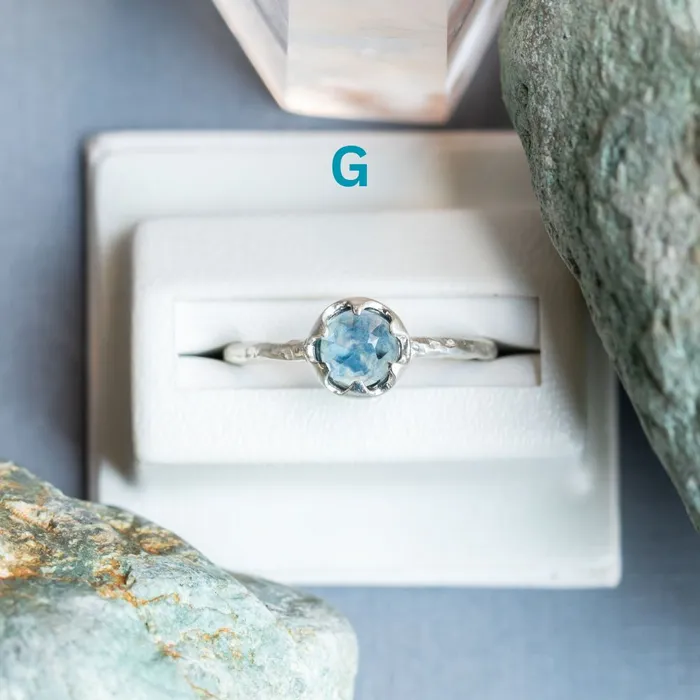 CALEB QUASHEN Rosecut Round Montana Sapphire Low Profile Six Prong Solitaire Rings in Sterling Silver Rings