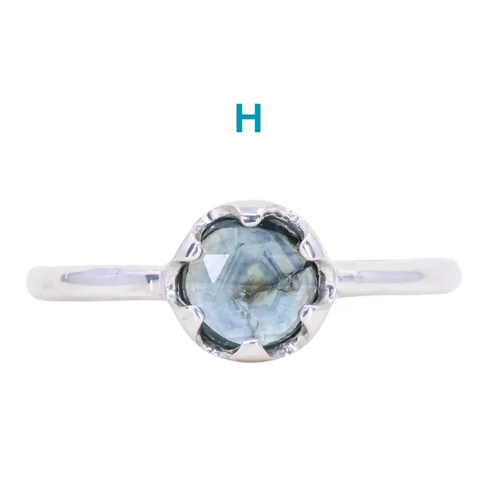 CALEB QUASHEN Rosecut Round Montana Sapphire Low Profile Six Prong Solitaire Rings in Sterling Silver Rings