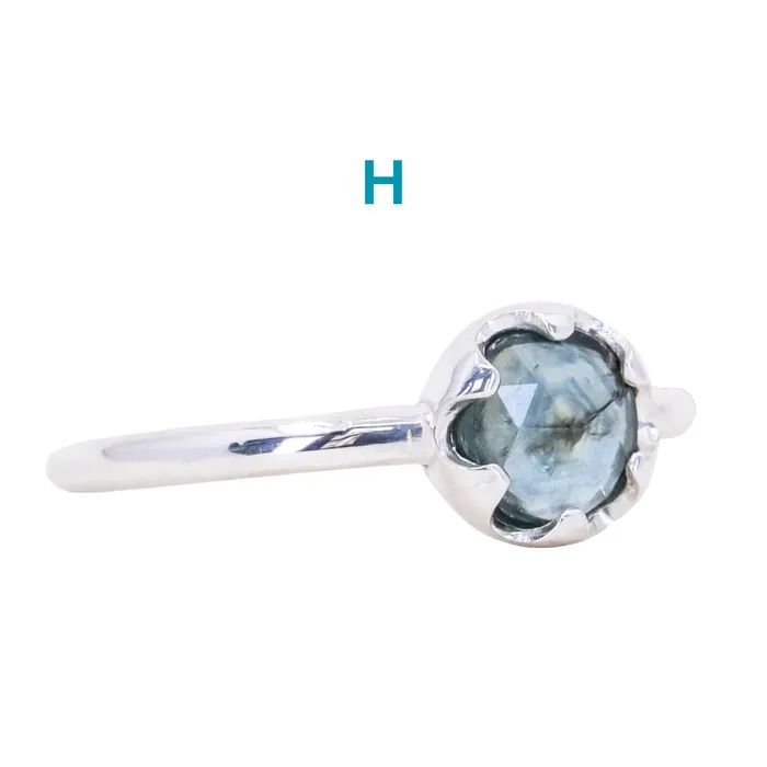 CALEB QUASHEN Rosecut Round Montana Sapphire Low Profile Six Prong Solitaire Rings in Sterling Silver Rings