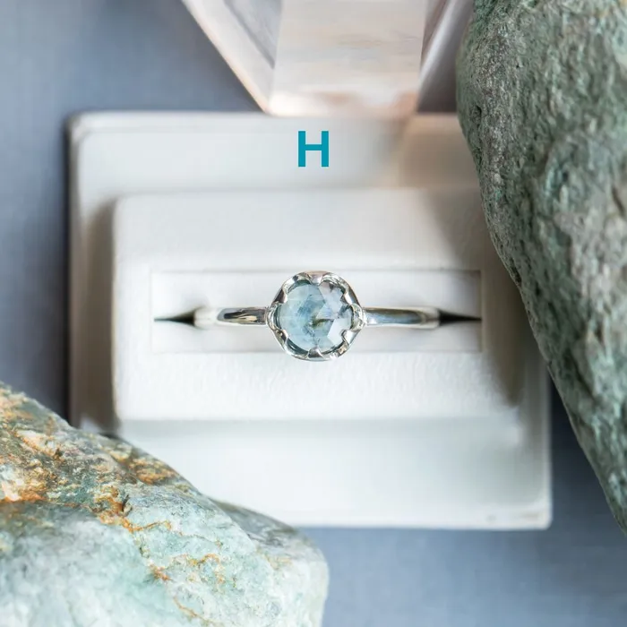 CALEB QUASHEN Rosecut Round Montana Sapphire Low Profile Six Prong Solitaire Rings in Sterling Silver Rings
