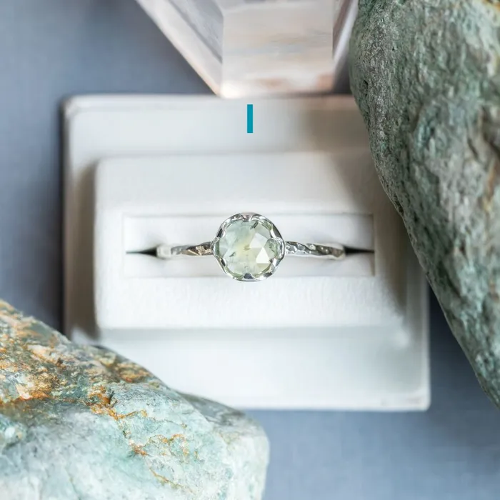 CALEB QUASHEN Rosecut Round Montana Sapphire Low Profile Six Prong Solitaire Rings in Sterling Silver Rings