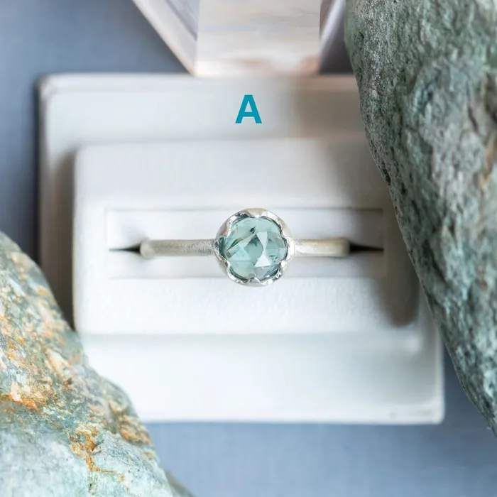 CALEB QUASHEN Rosecut Round Montana Sapphire Low Profile Six Prong Solitaire Rings in Sterling Silver Rings