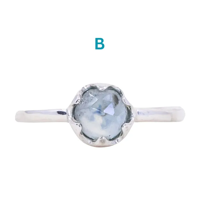 CALEB QUASHEN Rosecut Round Montana Sapphire Low Profile Six Prong Solitaire Rings in Sterling Silver Rings