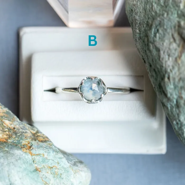 CALEB QUASHEN Rosecut Round Montana Sapphire Low Profile Six Prong Solitaire Rings in Sterling Silver Rings