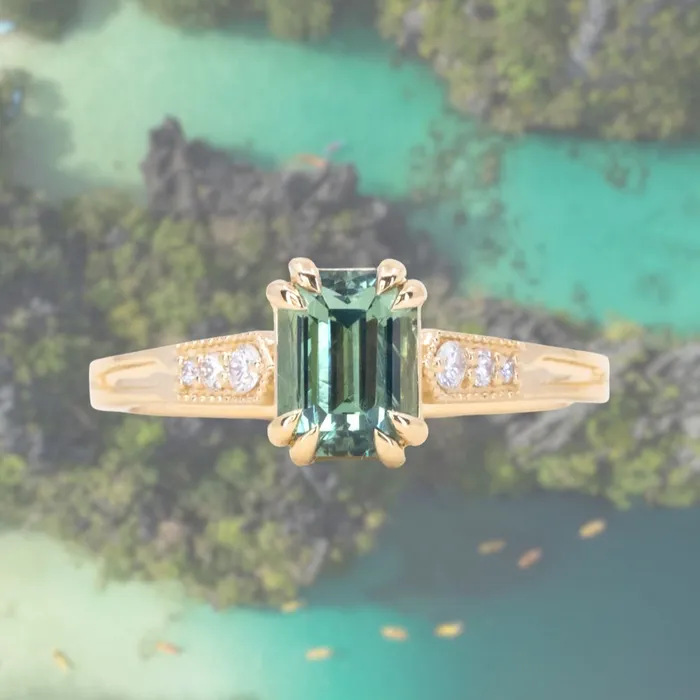 JEWELMINE GEMS 133ct Emerald Cut Light Aqua Blue Green Sapphire and Diamond Vintage Cathedral Double Prong Ring in 14k Yellow Gold Rings JEWELMINE GEMS 133ct Emerald Cut Light Aqua Blue Green Sapphire and Diamond Vintage Cathedral Double Prong Ring in 14k Yellow Gold Rings