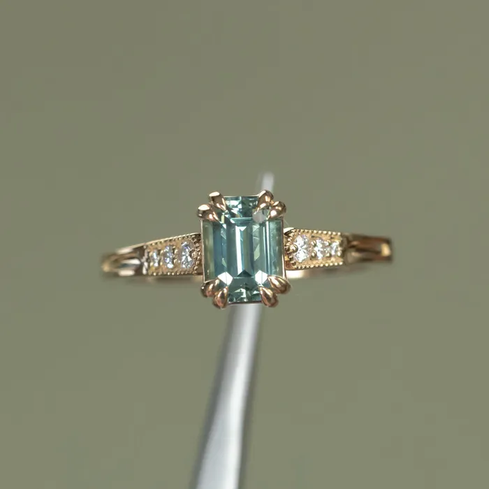 JEWELMINE GEMS 133ct Emerald Cut Light Aqua Blue Green Sapphire and Diamond Vintage Cathedral Double Prong Ring in 14k Yellow Gold Rings