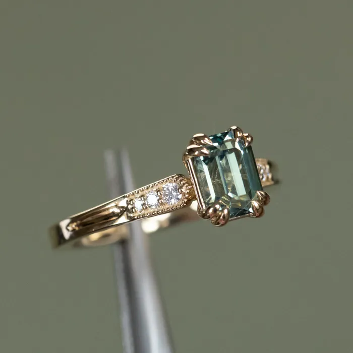 JEWELMINE GEMS 133ct Emerald Cut Light Aqua Blue Green Sapphire and Diamond Vintage Cathedral Double Prong Ring in 14k Yellow Gold Rings