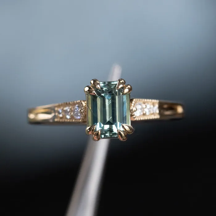 JEWELMINE GEMS 133ct Emerald Cut Light Aqua Blue Green Sapphire and Diamond Vintage Cathedral Double Prong Ring in 14k Yellow Gold Rings