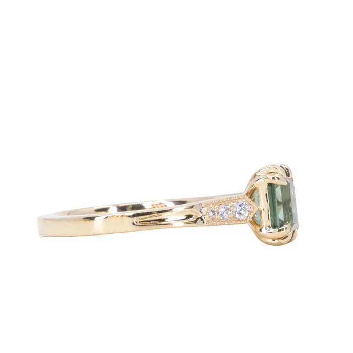 JEWELMINE GEMS 133ct Emerald Cut Light Aqua Blue Green Sapphire and Diamond Vintage Cathedral Double Prong Ring in 14k Yellow Gold Rings
