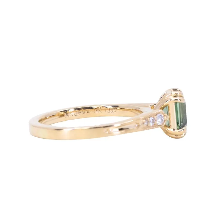 JEWELMINE GEMS 133ct Emerald Cut Light Aqua Blue Green Sapphire and Diamond Vintage Cathedral Double Prong Ring in 14k Yellow Gold Rings