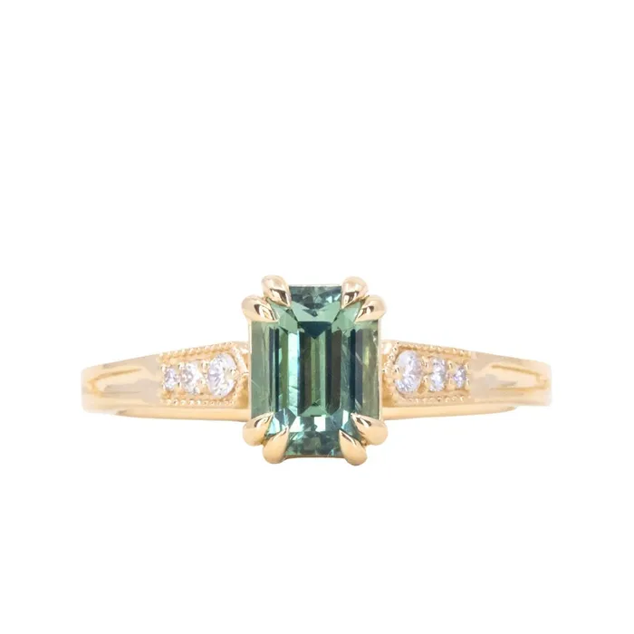 JEWELMINE GEMS 133ct Emerald Cut Light Aqua Blue Green Sapphire and Diamond Vintage Cathedral Double Prong Ring in 14k Yellow Gold Rings