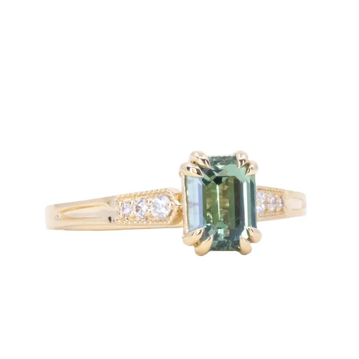 JEWELMINE GEMS 133ct Emerald Cut Light Aqua Blue Green Sapphire and Diamond Vintage Cathedral Double Prong Ring in 14k Yellow Gold Rings