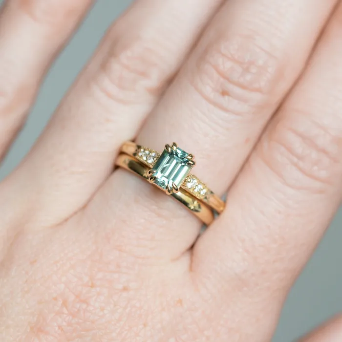 JEWELMINE GEMS 133ct Emerald Cut Light Aqua Blue Green Sapphire and Diamond Vintage Cathedral Double Prong Ring in 14k Yellow Gold Rings