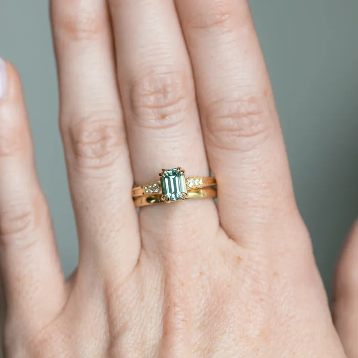 JEWELMINE GEMS 133ct Emerald Cut Light Aqua Blue Green Sapphire and Diamond Vintage Cathedral Double Prong Ring in 14k Yellow Gold Rings