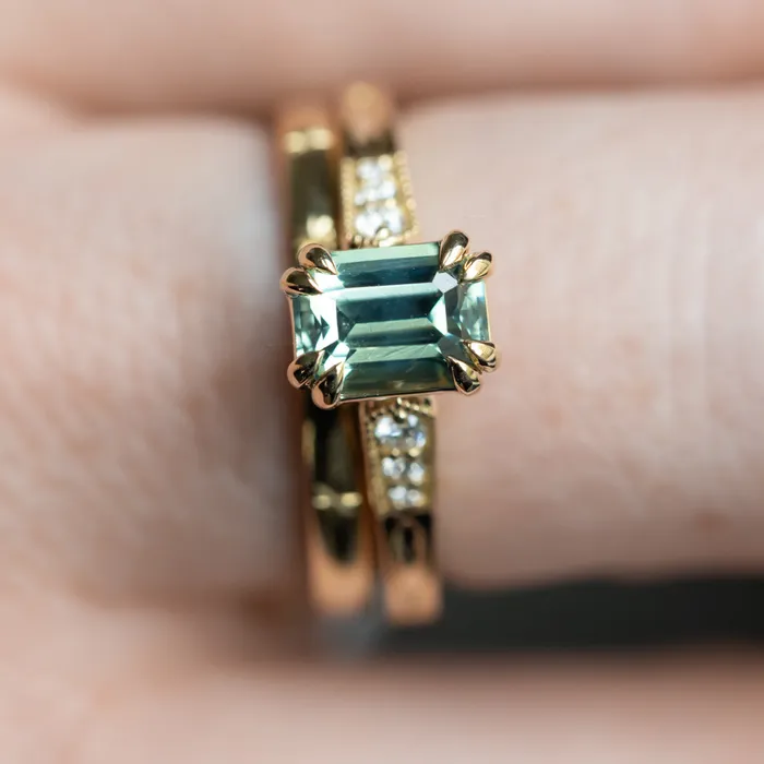 JEWELMINE GEMS 133ct Emerald Cut Light Aqua Blue Green Sapphire and Diamond Vintage Cathedral Double Prong Ring in 14k Yellow Gold Rings