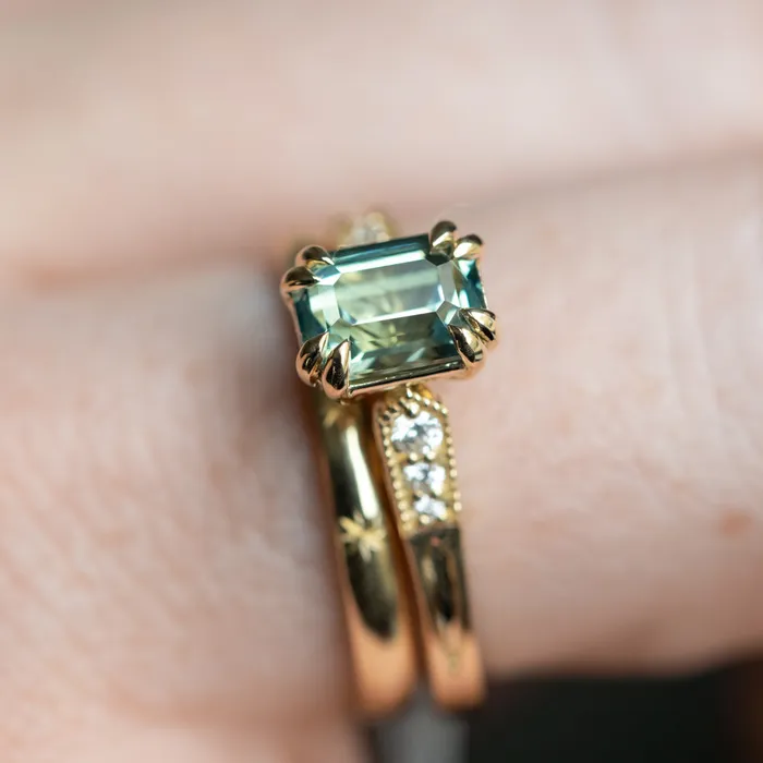 JEWELMINE GEMS 133ct Emerald Cut Light Aqua Blue Green Sapphire and Diamond Vintage Cathedral Double Prong Ring in 14k Yellow Gold Rings