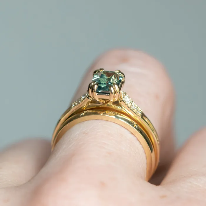 JEWELMINE GEMS 133ct Emerald Cut Light Aqua Blue Green Sapphire and Diamond Vintage Cathedral Double Prong Ring in 14k Yellow Gold Rings