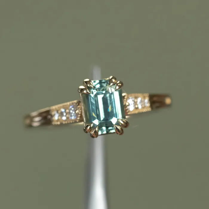 JEWELMINE GEMS 133ct Emerald Cut Light Aqua Blue Green Sapphire and Diamond Vintage Cathedral Double Prong Ring in 14k Yellow Gold Rings