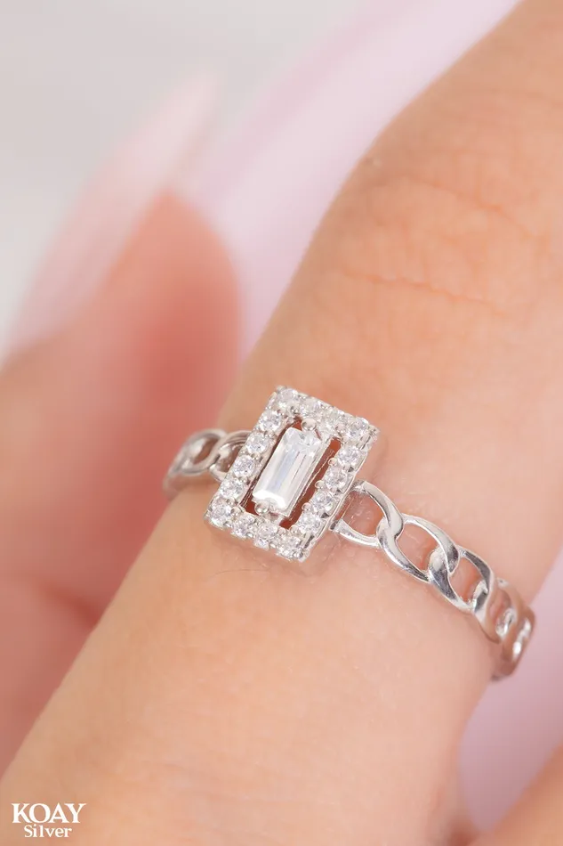 KOAY Silver Store Zircon Rectangle Gourmet Ring Rings