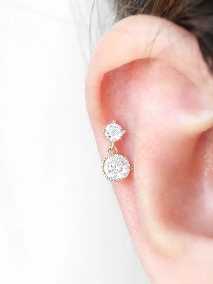 MinimalBijoux Earrings 14K gold Round Cubic Drop cartilage earring 20g