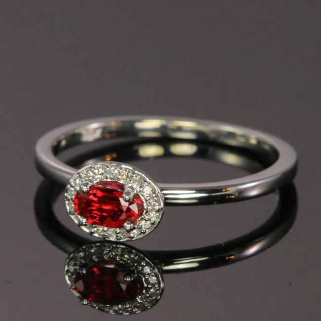 Moriartys Gem Art Rings 14K White Gold Oval Ruby Ring with Halo of Diamonds