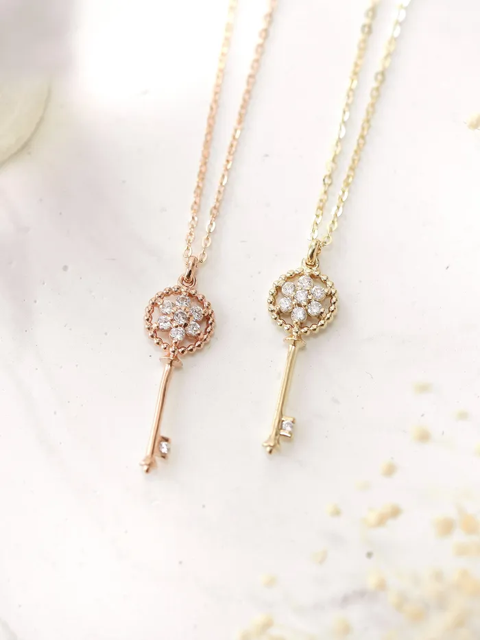Necklaces 14K 18K Gold Flower Key Necklace MinimalBijoux