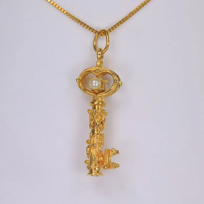 Necklaces 14K Yellow Gold Pearl Accented Key Necklace Moriartys Gem Art