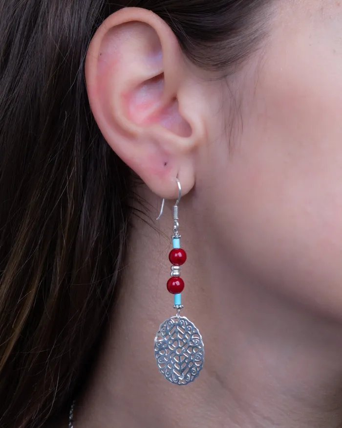 Red and Turquoise Oval Earring KOAY Silver Store Earrings