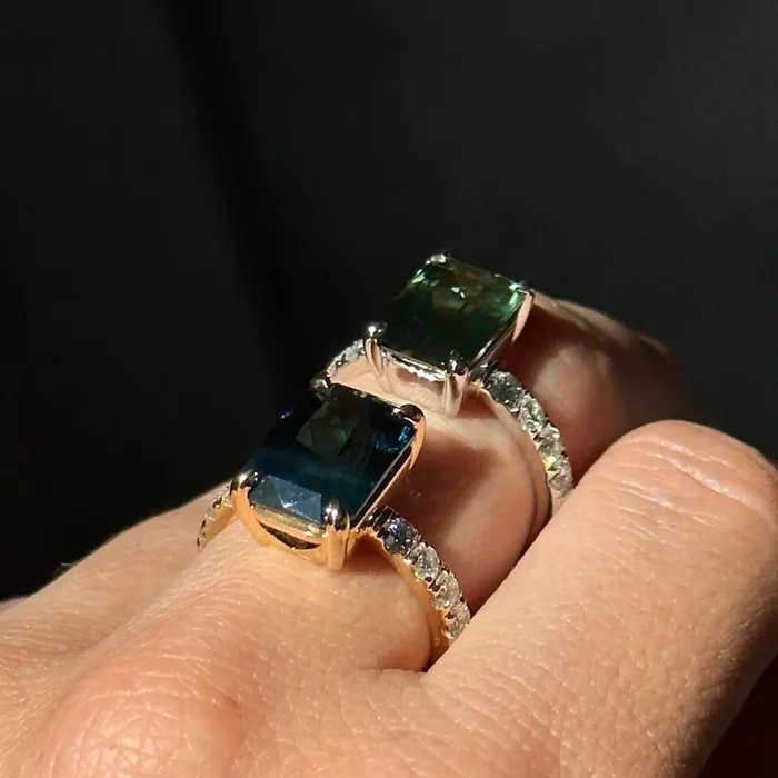 Rings 612ct Deep Teal Blue Madagascar Radiant Cut Sapphire Solitaire Ring with French Set Diamonds in 18k Yellow Gold Anueva Jewelry