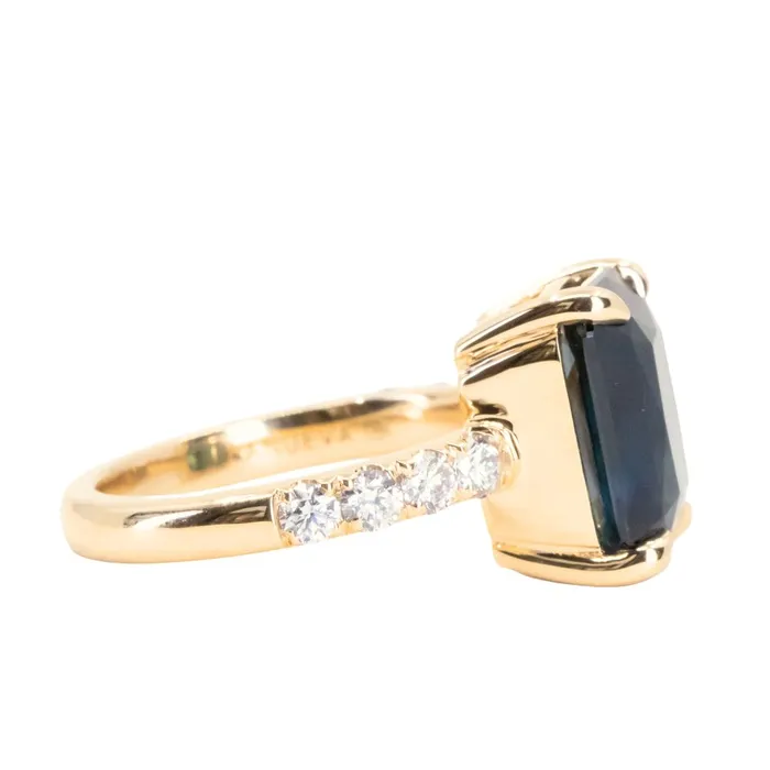Rings 612ct Deep Teal Blue Madagascar Radiant Cut Sapphire Solitaire Ring with French Set Diamonds in 18k Yellow Gold Anueva Jewelry