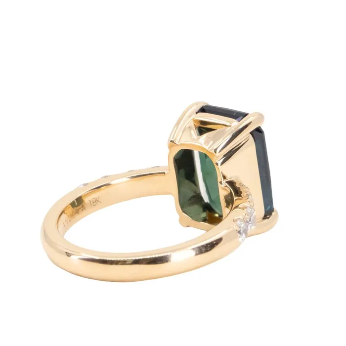 Rings 612ct Deep Teal Blue Madagascar Radiant Cut Sapphire Solitaire Ring with French Set Diamonds in 18k Yellow Gold Anueva Jewelry