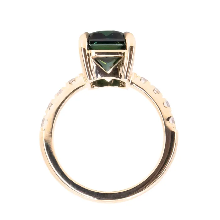 Rings 612ct Deep Teal Blue Madagascar Radiant Cut Sapphire Solitaire Ring with French Set Diamonds in 18k Yellow Gold Anueva Jewelry