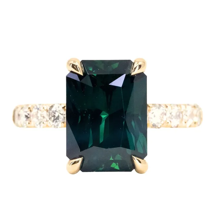 Rings 612ct Deep Teal Blue Madagascar Radiant Cut Sapphire Solitaire Ring with French Set Diamonds in 18k Yellow Gold Anueva Jewelry
