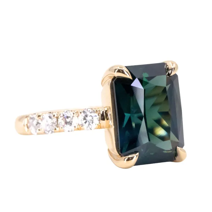 Rings 612ct Deep Teal Blue Madagascar Radiant Cut Sapphire Solitaire Ring with French Set Diamonds in 18k Yellow Gold Anueva Jewelry