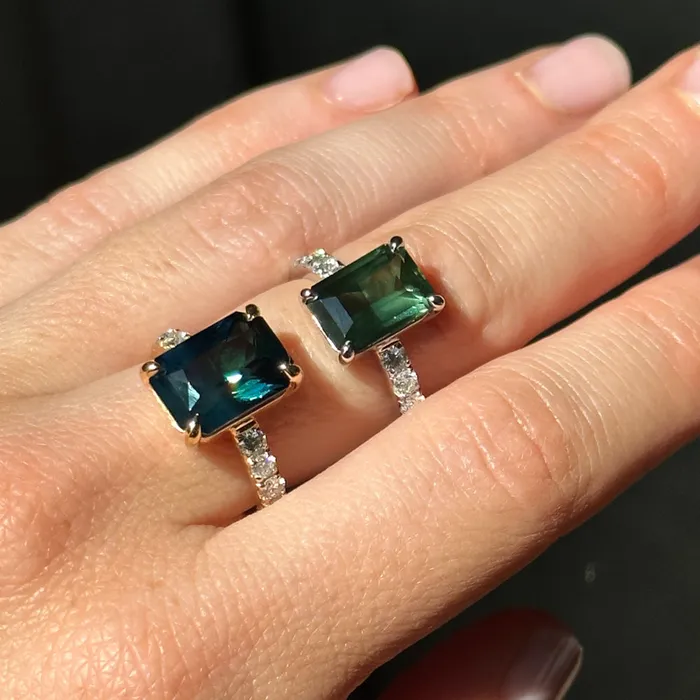 Rings 612ct Deep Teal Blue Madagascar Radiant Cut Sapphire Solitaire Ring with French Set Diamonds in 18k Yellow Gold Anueva Jewelry