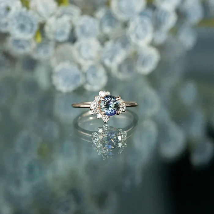 Rings Anueva Jewelry 117ct Round Tanzanite Asymmetrical Diamond Cluster Ring in 14k Rose Gold