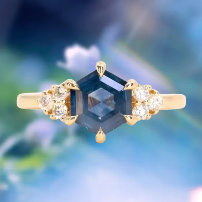 Rings Anueva Jewelry 145ct Hexagon Silky Blue Montana Sapphire and Diamond Cluster Ring in 18k Yellow Gold Rings Anueva Jewelry 145ct Hexagon Silky Blue Montana Sapphire and Diamond Cluster Ring in 18k Yellow Gold